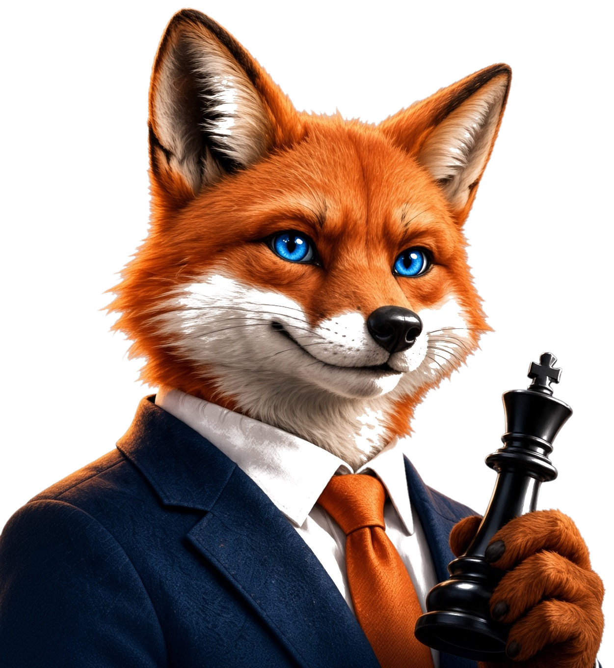 Foxy in a suit holding a black king